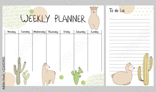 Hand drawing vector weekly planner with cactuses.