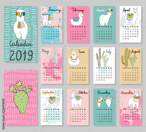 Hand drawing vector Calendar 2019 with llamas. Week starts from Sunday.