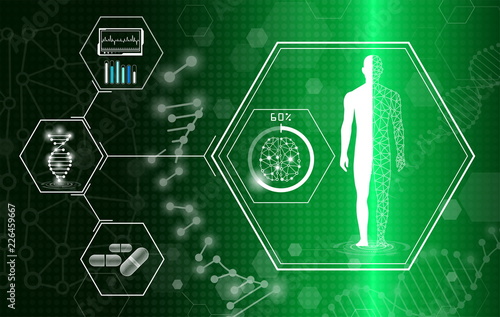 abstract background technology concept in green light,human body heal,technology modern medical science in future and global international medical with tests analysis clone DNA human
