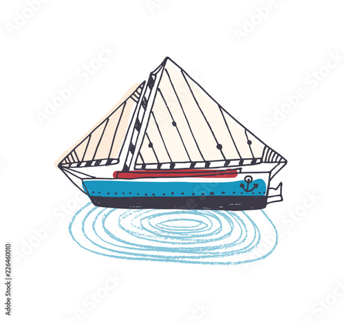 Doodle drawing of elegant ship, sailing boat or yacht with sail in ocean