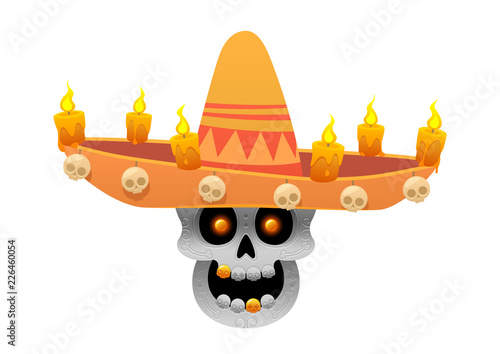 Cartoon Mexican sugar skull vector illustration for Dia de los Muertos with sombrero hat