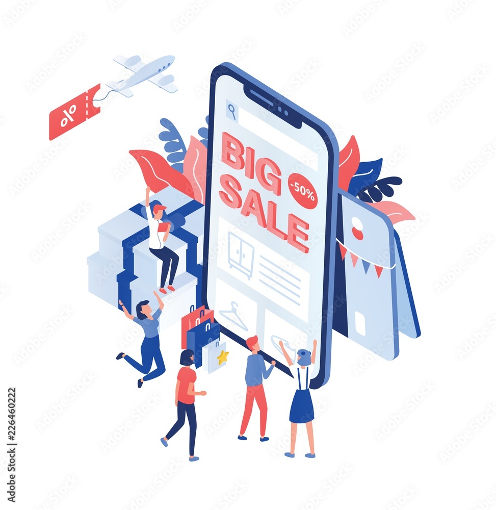 Scene with joyful customers or buyers standing in front of giant smartphone with Big Sale text on screen. Online shopping, internet retail. Modern colored vector illustration in isometric style. Scene with joyful customers or buyers standing in front of giant smartphone with Big Sale text on screen. Online shopping, internet retail. Modern colored vector illustration in isometric style.