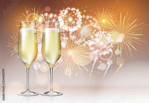 Realistic vector illustration of champagne glasses on holiday golden firework background