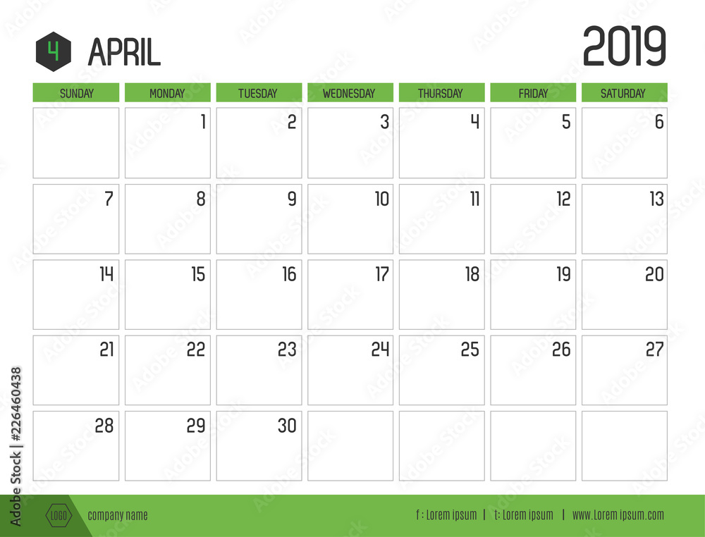 Vector of modern green calendar 2019 ( April ) in simple clean table  style.full size 21 x 16 cm; Week start on Sunday. Stock Vector | Adobe Stock