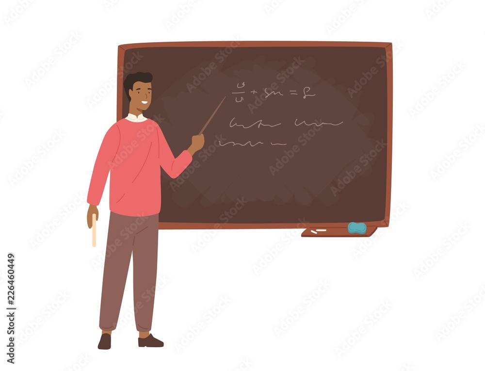 Enthusiastic African American male school teacher, college professor or lecturer standing beside chalkboard, holding pointer and explaining lesson. Colorful vector illustration in flat cartoon style. Stock Vector | Adobe Stock Enthusiastic African American male school teacher, college professor or lecturer standing beside chalkboard, holding pointer and explaining lesson. Colorful vector illustration in flat cartoon style. Stock Vector | Adobe Stock
