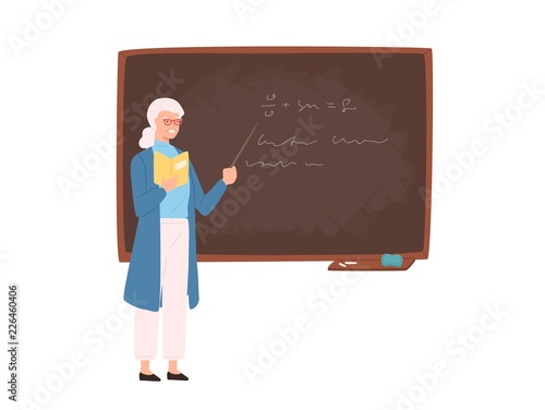 Friendly elderly female school or college teacher, professor, education worker standing beside chalkboard, holding pointer and teaching. Colorful vector illustration in flat cartoon style.