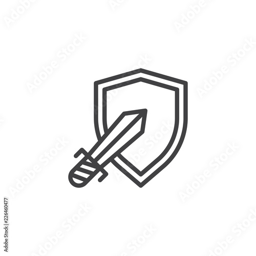 Shield and sword outline icon. linear style sign for mobile concept and web design. Museum exhibit simple line vector icon. Symbol, logo illustration. Pixel perfect vector graphics