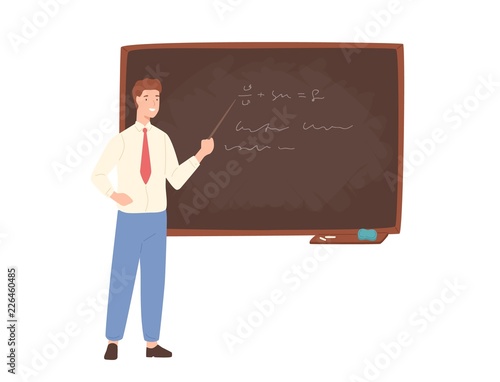 Inspiring male school teacher, university professor or educational worker standing beside chalkboard, holding pointer and giving lecture. Colorful vector illustration in flat cartoon style.