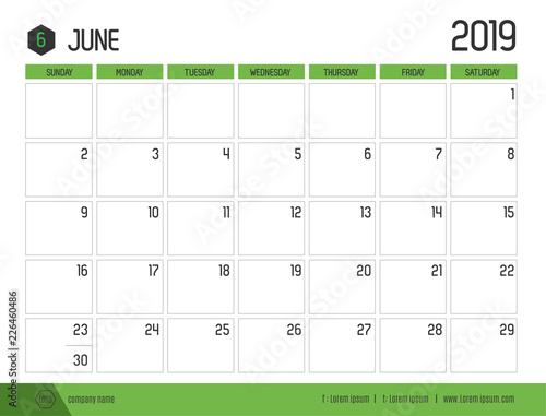 Vector of modern green calendar 2019 ( June ) in simple clean table style.full size 21 x 16 cm; Week start on Sunday.