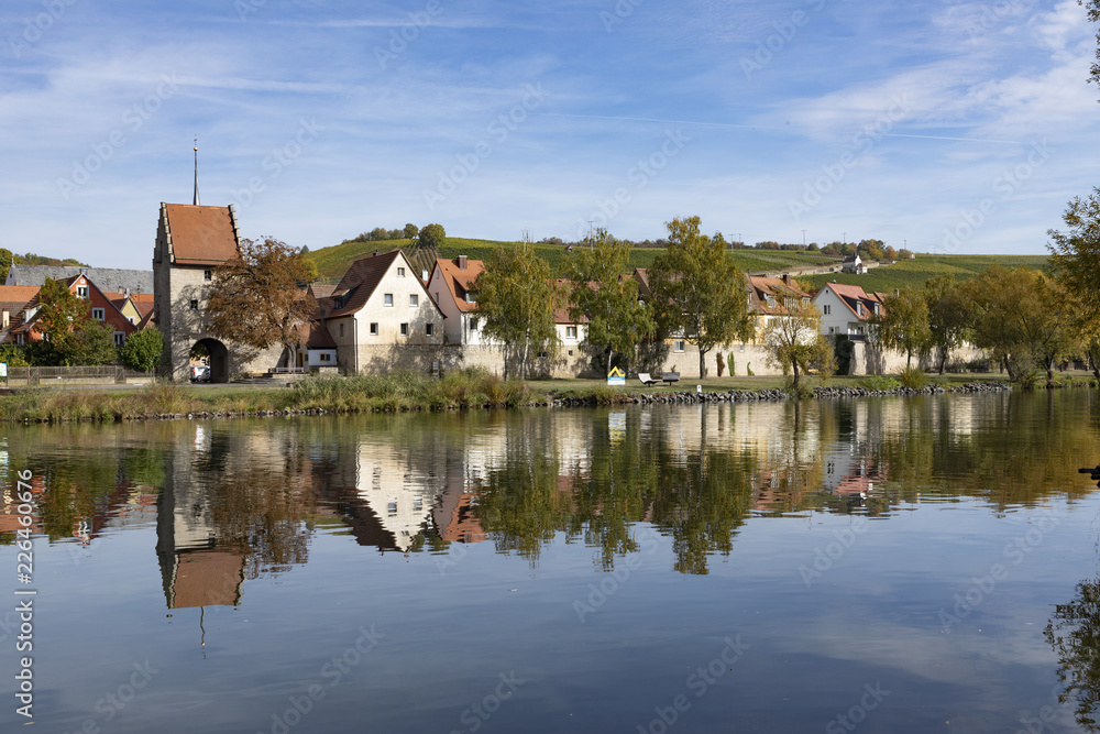 scenic historic village of Frickenhausen at river Main scenic historic village of Frickenhausen at river Main