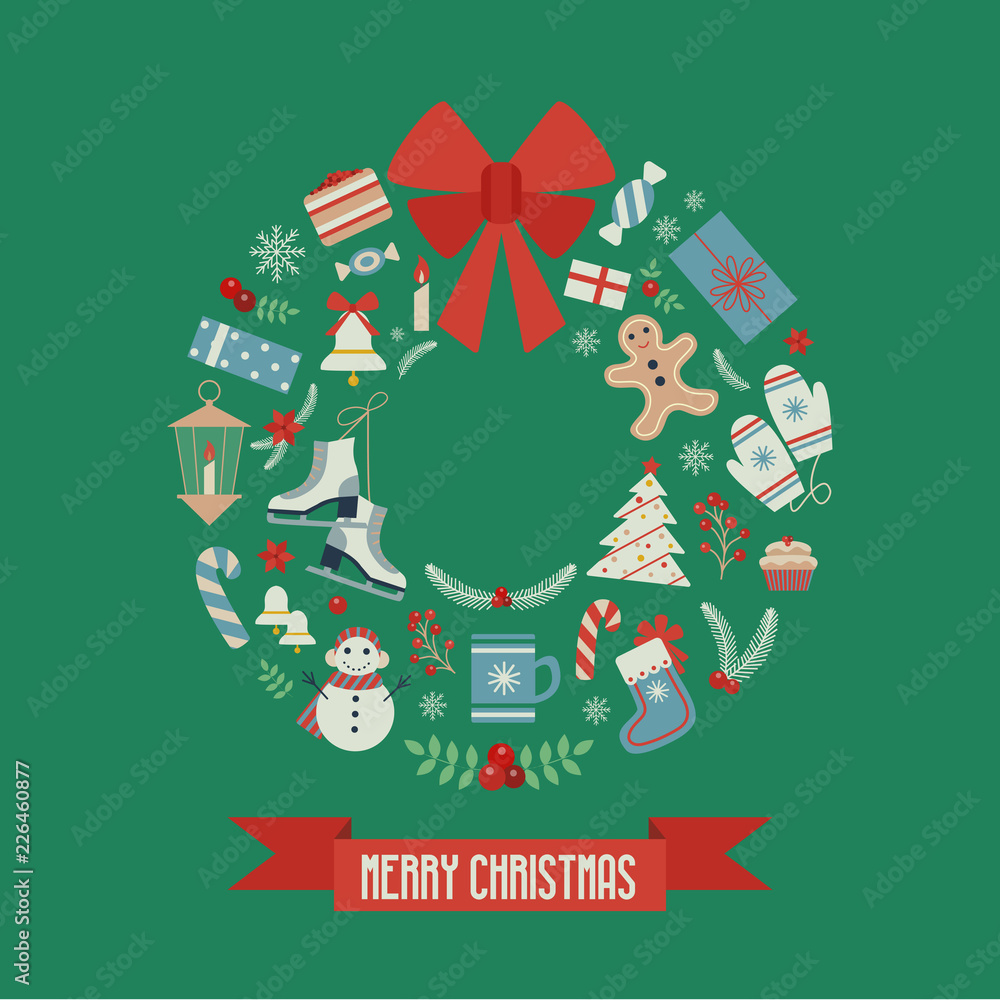 Merry Christmas And Happy New Year Greeting Card Stylized In Wreath Shape Winter Holiday Postcard Or Party Invitation Round Composition Print With Xmas Decoration Elements In Vintage Style Stock Vector Adobe