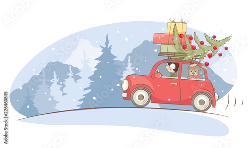 Christmas holiday, Winter vacations / Girl and dog are carrying gifts and a Christmas tree, funny vector illustration