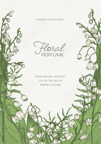 Gorgeous vertical natural background with blossoming lily of the valley flowers or flowering plants and place for text