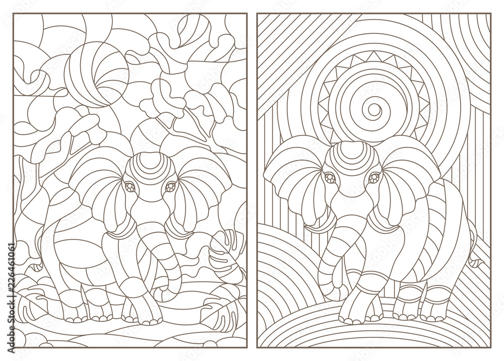 Set of contour illustrations of stained glass Windows with elephants, dark contours on a white background