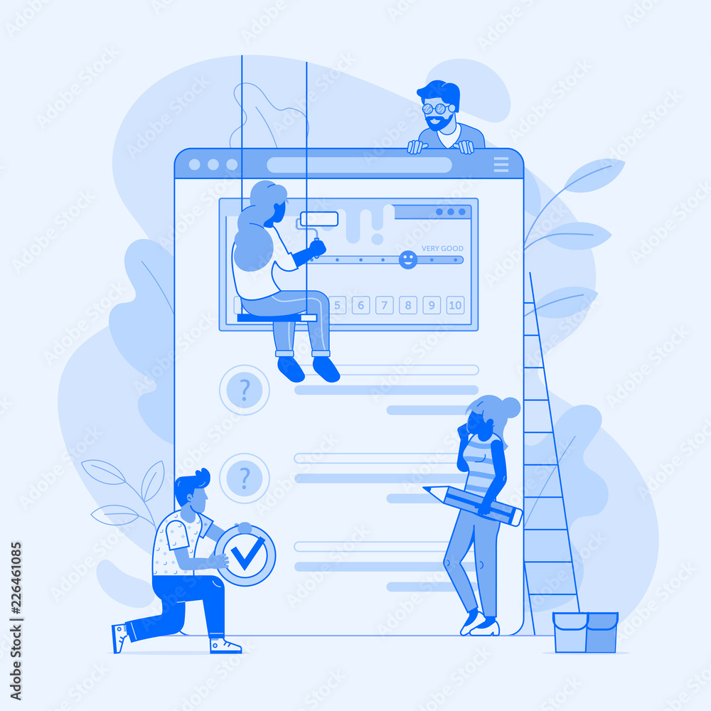 Making client survey concept in flat design. Team of people creating test application form or questionnaire for marketing research. Teamwork over user experience exploration UI illustration.