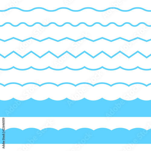 Blue line wave ornament. Vector blue wave icons set on white background. Seamless vector marine wave decoration.