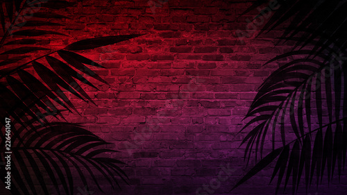 Background of an empty corridor with brick walls and neon light. Brick walls, neon rays and glow