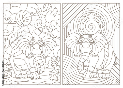 Set of contour illustrations of stained glass Windows with elephants, dark contours on a white background