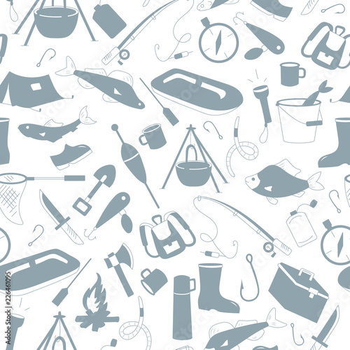 Seamless pattern on the theme of outdoor recreation and fishing,  a grey silhouettes of icons on the light background 