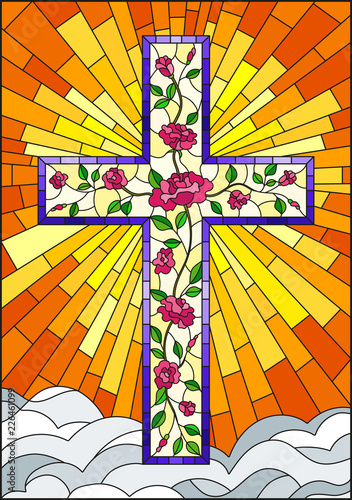 Illustration in stained glass style with Christian cross decorated with  pink roses on the background of orange sky with clouds