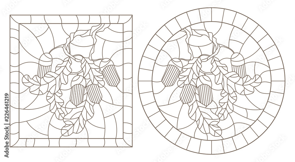 Set of contour illustrations in stained glass style with oak branch, acorns and leaves on a background in a frame, round and rectangular image