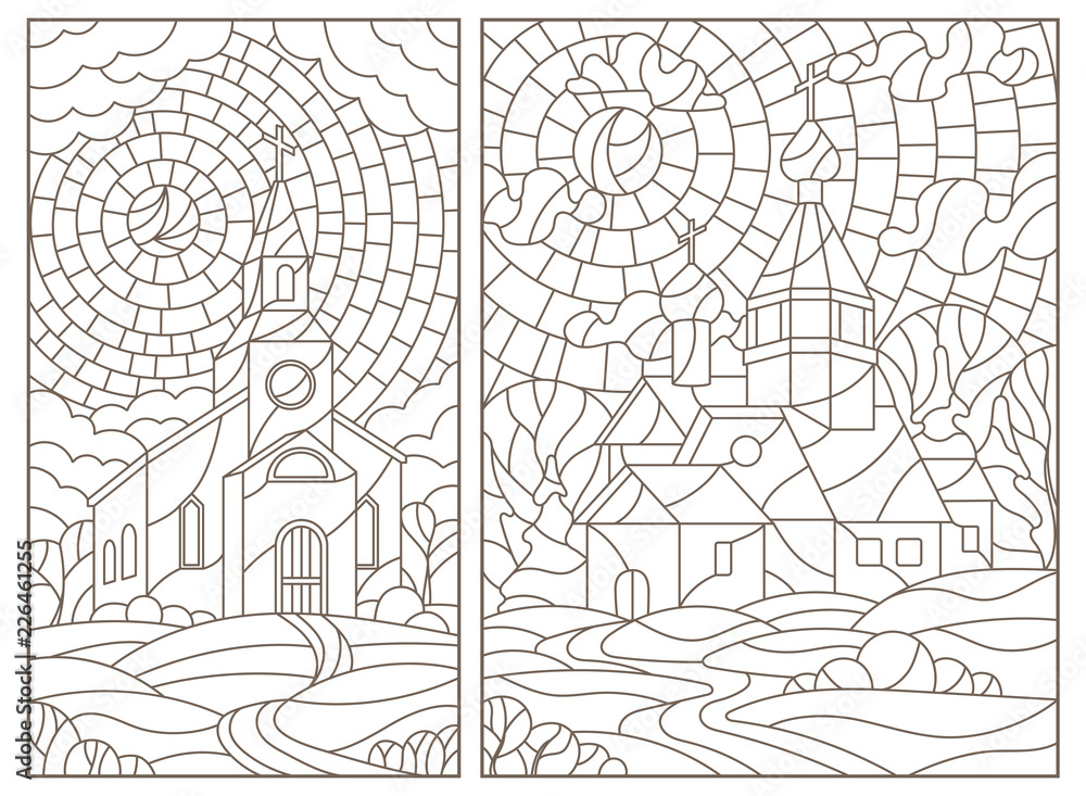 Naklejka premium Set of contour illustrations in stained glass style with Christian churches on landscape background, dark contours on white background