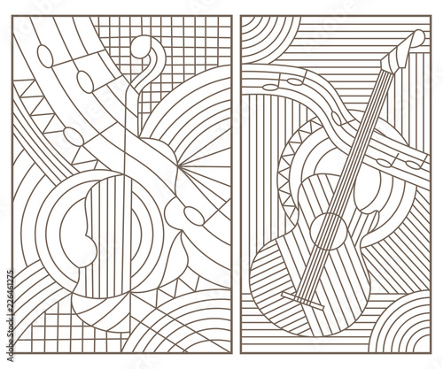 Set of contour illustrations in stained glass style with abstract musical instruments, dark contours on white background