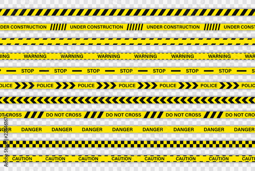 Creative Police line black and yellow stripe border. Police, Warning, Under Construction, Do not cross, stop, Danger. Set of danger caution seamless tapes. Crime places. Construction sign. © iiierlok_xolms