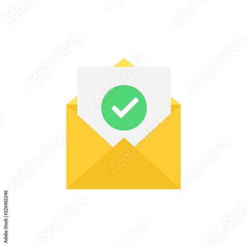 Envelope and document and round green check mark icon. Vector illustration.