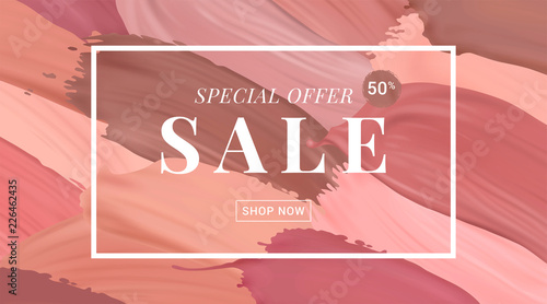Vector sale banner with text on lipstick stokes background. Good for salons, beauty shops.