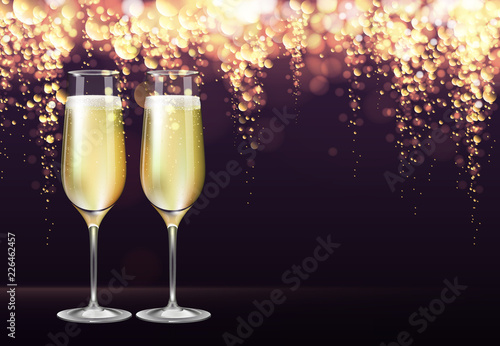 Realistic vector illustration of champagne glasses on blurred holiday golden sparkle background photo