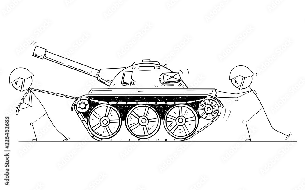Ταπετσαρία Cartoon stick drawing conceptual illustration of two soldiers pushing and pulling broken or malfunction tank