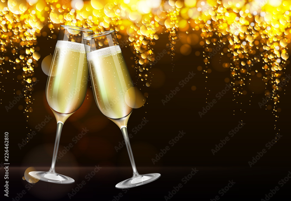 Realistic vector illustration of champagne glasses on blurred holiday