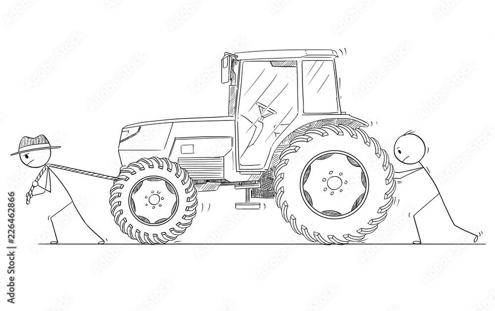 Cartoon stick drawing conceptual illustration of two men or farmers pushing and pulling broken or malfunction agricultural tractor.