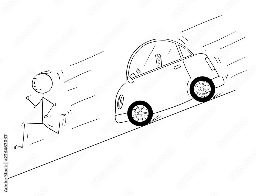 Cartoon stick drawing conceptual illustration of man running fast down the  hill from his own car moving uncontrolled without driver. Car was left  without use of the hand brake. Stock Vector