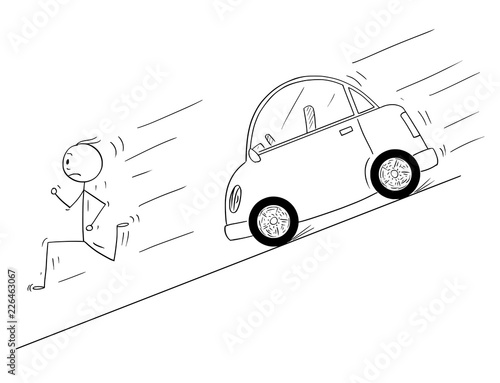 Cartoon stick drawing conceptual illustration of man running fast down the hill from his own car moving uncontrolled without driver. Car was left without use of the hand brake.