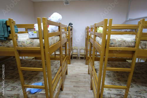Moscow  Russia - September  24  2018  Interior of a kindergarten bedroom with two-level beds in Moscow privet school