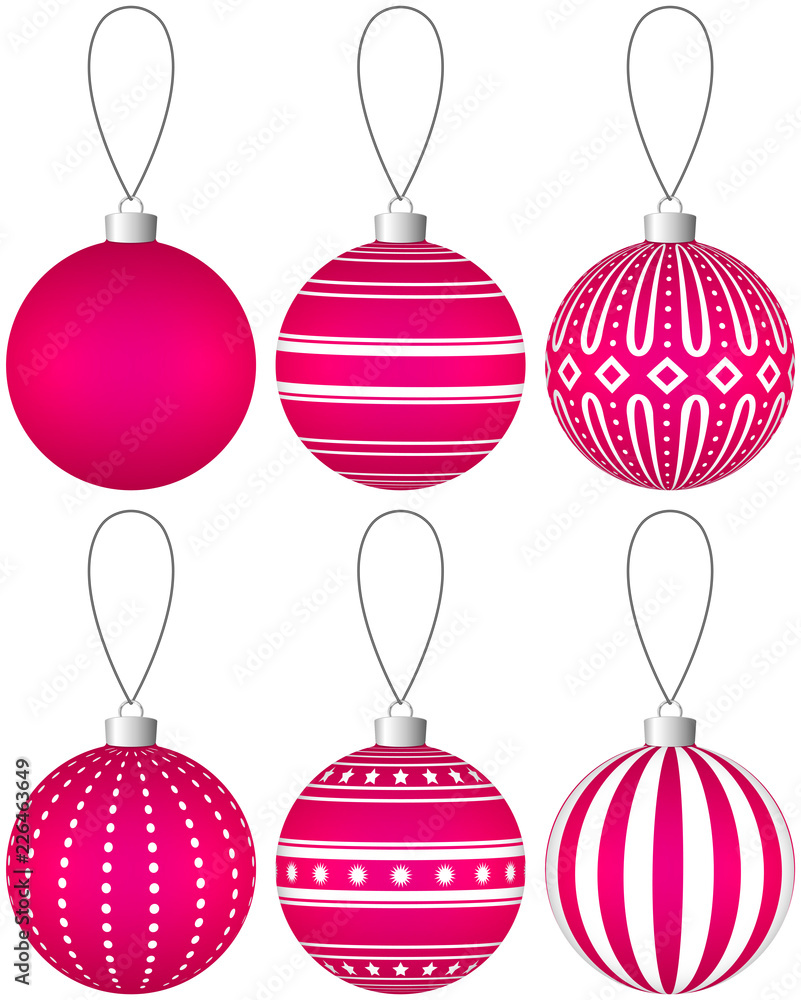 Collection of crimson Christmas balls with pattern hanging on a thread. Vector EPS 10