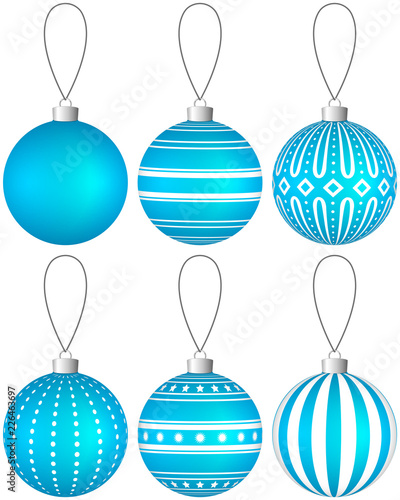 Collection of light blue Christmas balls with pattern hanging on a thread. Vector EPS 10