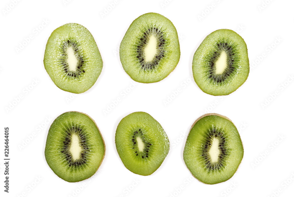Fototapeta premium Kiwi fruit slices, set and collection isolated on white background, top view