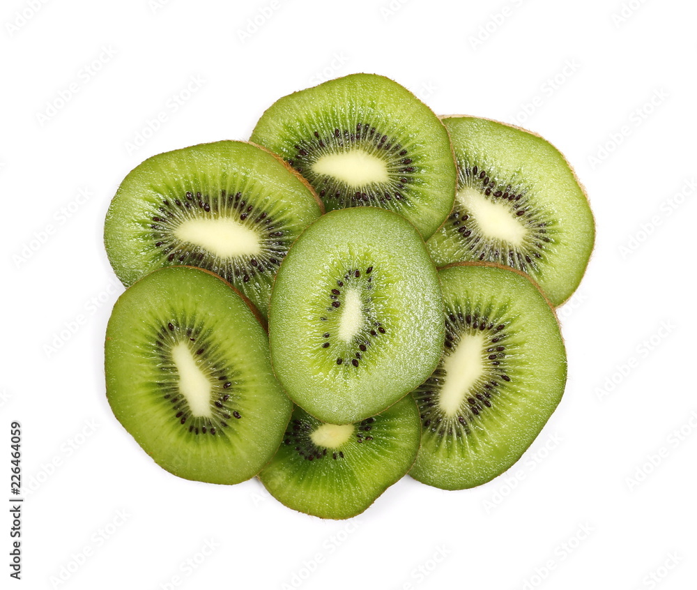 Fototapeta premium Kiwi fruit slices isolated on white background, top view