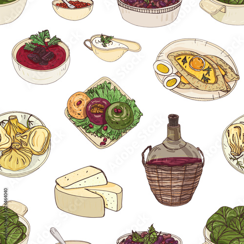 Elegant seamless pattern with Georgian traditional meals, dishes of national cuisine on white background