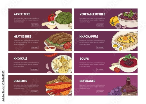 Collection of web banner templates with tasty appetizing Georgian national meals and place for text. Hand drawn realistic vector illustration for restaurant or delivery service promotion, advertising.