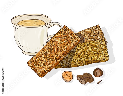 Drawing of Gozinaki and cup of tea