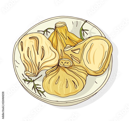 Elegant drawing of boiled or steamed Khinkali lying on plate