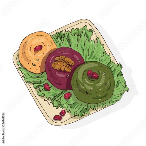 Colored drawing of delicious Pkhali lying on plate