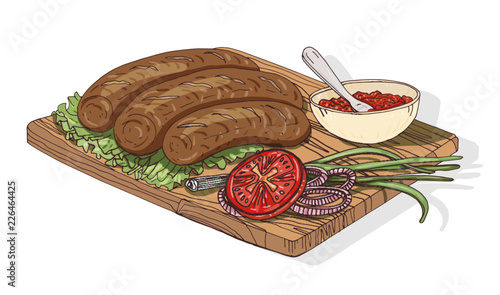 Appetizing kebab served with ajika sauce and vegetables