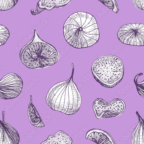 Elegant seamless pattern with delicious fresh and dried fig fruits hand drawn with contour lines on purple background. Monochrome vector illustration fro wrapping paper, fabric print, wallpaper.