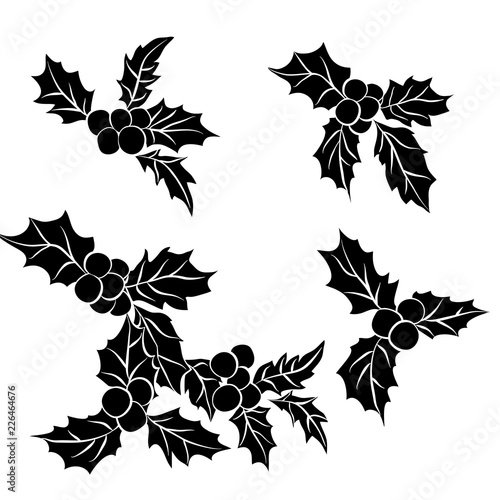 set of Christmas holly leaves.Black silhouette of Holly traditional Christmas decoration