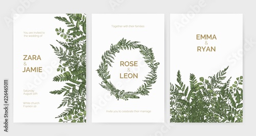 Bundle of elegant stylish wedding invitation templates decorated with green ferns and wild herbs on white background. Colorful hand drawn vector illustration in beautiful exquisite antique style.